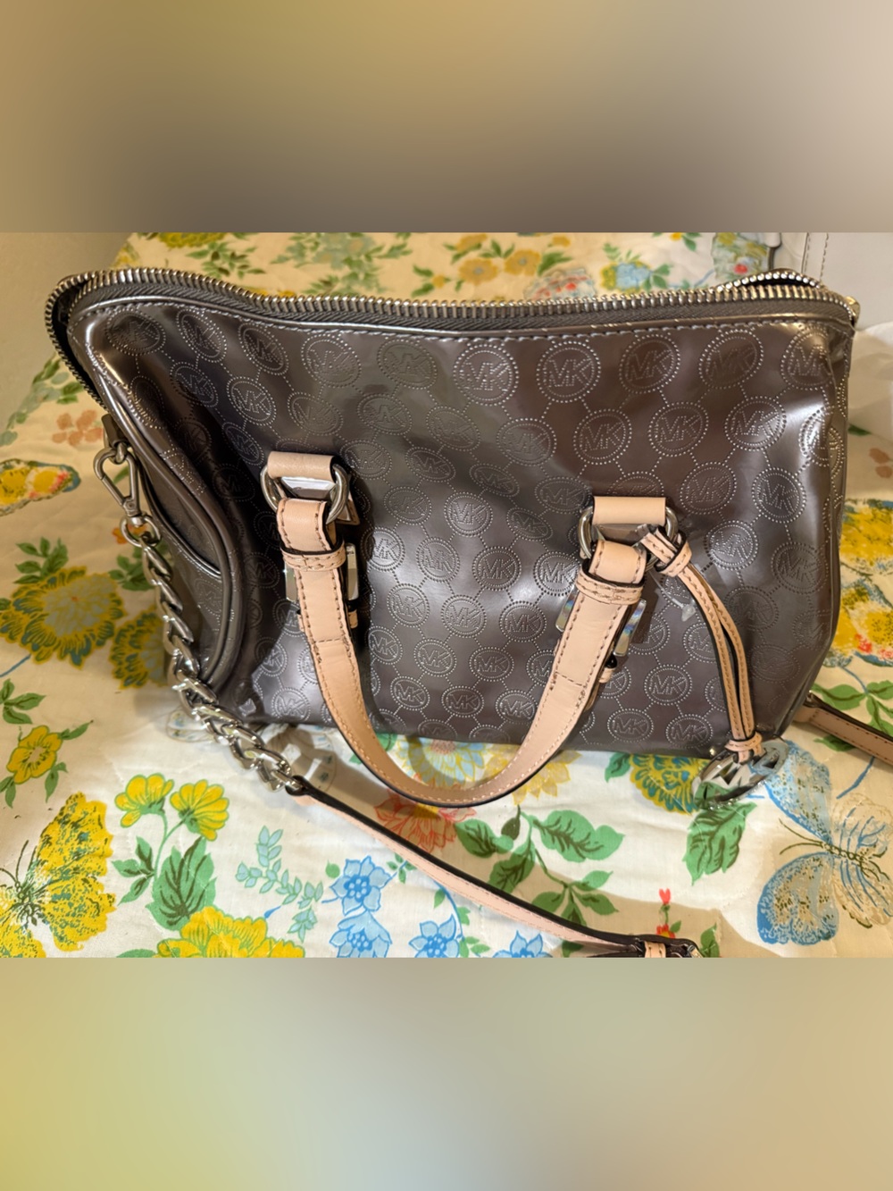 Michael Kors Brown Patent Logo Shoulder Bag with Leather Handles